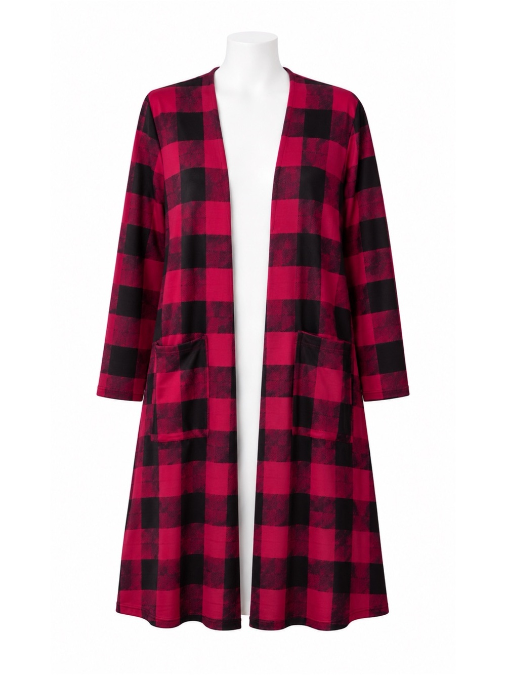 Size L LuLaRoe Womens Sarah Duster Cardigan Red Black Buffalo Plaid Long Sweater